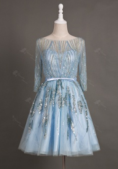 Bateau Three Quarters Sleeves Knee-Length Light Blue Homecoming Dress Beading with Sequins Sash