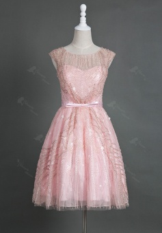 Elegant Bateau Cap Sleeves Knee-Length Pink Homecoming Dress with Beading 