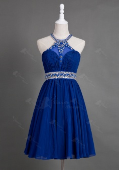 Glamorous Jewel Sleeveless Knee-Length Royal Blue Homecoming Dress with Beading 