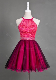 Dramatic Jewel Sleeveless Short Beading Wine Homecoming Dress with Criss-Cross Straps