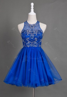 Glamorous Jewel Short Royal Blue Homecoming Dress with Beading Illusion Back