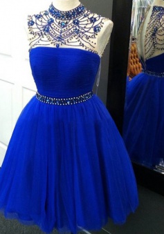 Stunning High Neck Illusion Back Short Royal Blue Homecoming Dress with Beading