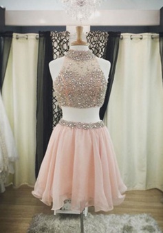 Hot-selling High Neck Two-piece Short Pink Homecoming Dress with Beading Open Back