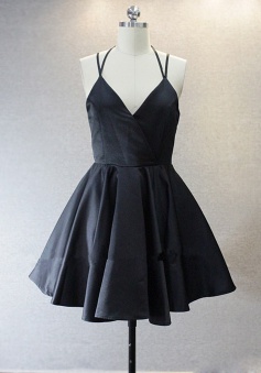 Simple V-neck Sleeveless Short Black Taffeta Homecoming Dress with Spaghetti Straps