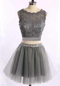 Special Two Piece Scalloped Neck Short Grey Homecoming Dress-Lace Top Beading Waist