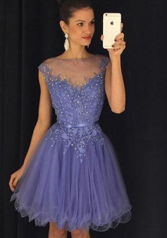 Stunning Bateau Cap Sleeves Short Lavender Homecoming Dress with Appliques Pearls