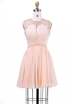 Elegant Jewel Sleeveless Key Hole Short Pink Homecoming Dress with Beading Pearl