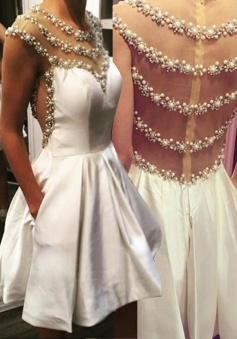 Exquisite Illusion Back  Short Ivory Homecoming Dress Beading Pearls with Pockets