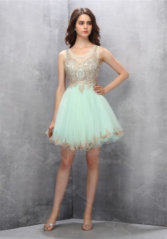 Adorable Scoop Short Mint Homecoming Dress with Gold Appliques Beading