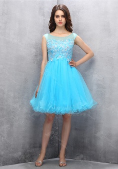 Elegant Bateau Knee-Length Turquoise Homecoming Dress with Appliques Beading