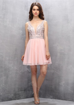 Sexy V-neck Short Open Back Pink Homecoming Dress with Beading