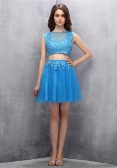 Two Piece Short Blue Homecoming Dress with Appliques Sequins