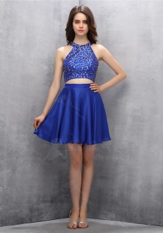 New Arrival Jewel Two Piece Short Royal Blue Homecoming Dress with Beading