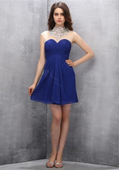 Stylish High Neck See Through Back Short Dark Blue Homecoming Dress with Beading Pleats