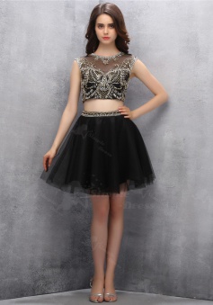 Two Piece Open Back Short Black Homecoming Dress with Gold Sequins