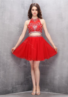 Two Piece Jewel Sleeveless Short Red Homecoming Dress with Beading