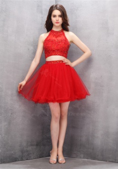 Fabulous Two Piece Jewel Sleeveless Short Red Homecoming Dress with Beading