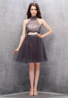 Two Piece High Neck Sleeveless Short Grey Homecoming Dress with Beading