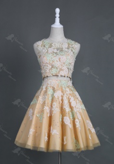 Exquisite Two Piece Jewel Sleeveless Short Champagne Homecoming Dress with Appliques Beaded