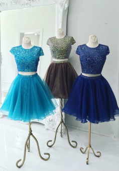 Stunning Two Piece Jewel Cap Sleeves Short Royal Blue Organza Homecoming Dress Beaded