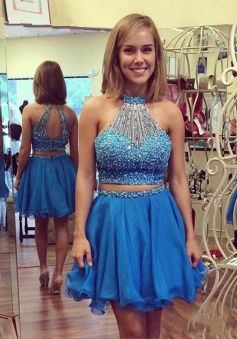 Exquisite Two Piece Key Hole Back Sleeveless Short Sky Blue Homecoming Dress with Pearl