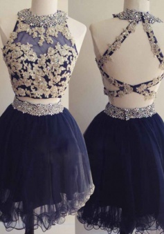 Hot Selling Two Piece Short Dark Blue Homecoming Dress Open Back Beading Appliques