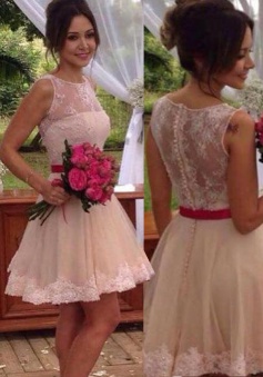 Trendy Jewel Sleeveless Illusion Back Short Champagne Homecoming Dress with Lace Red Sash