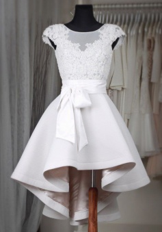 Glamorous Bateau Cap Sleeves Hi Lo White Homecoming Dress with Lace Sash