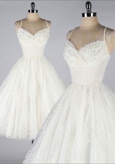 Stunning V-neck Sleeveless Mid-Calf White Lace Homecoming Dress with Spaghetti Straps