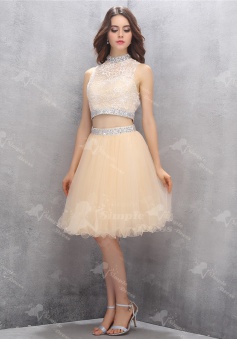 Nectarean Two Piece High Neck Knee-Length Light Champagne Homecoming Dress with Beading Lace Top