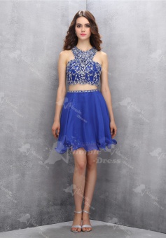 Popular Two Piece Jewel Sleeveless Short Sky Blue Homecoming Dress with Beading Open Back