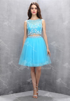 High Quality Two Piece Jewel Sleeveless Short Homecoming Dress Open Back with Beading