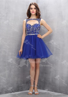 Special Bateau Key Hole Sleeveless Short Royal Blue Homecoming Dress with Beading