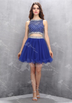 Hot Selling Bateau Two Piece Short Royal Blue Homecoming Dress with Beading