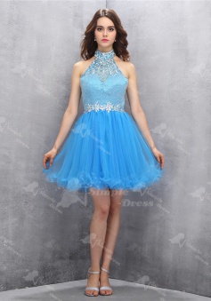 Pretty Halter Backless Sky Blue Short Homecoming Dress with Beading