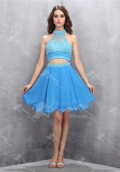 Fashion High Neck Two Piece Key Hole Back Sky Blue Homecoming Dress with Beading