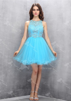 Hot Sale Jewel Emeraid Short Tulle Homecoming Dress with Beading Open Back