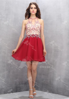 High Quality Jewel Key Hole Backless Mini Red Chiffon Homecoming Dress with Beading