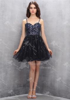 Nectarean Sweetheart Little Black Homecoming Dress with Sequined Spaghetti Straps