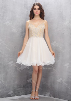 Delicate V-neck Backless Short White Chiffon Homecoming Dress with Beading