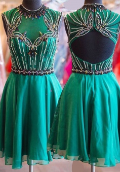 High Quality Jewel Sleeveless Open Back Short Jade Homecoming Dress with Beading