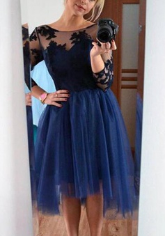 Generous Bateau 3/4 Sleeves Knee-Length Navy Blue Homecoming Dress with Black Lace Top