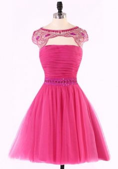 Special Bateau Cap Sleeves Key Hole Open Back Rose Pink Homecoming Dress with Beading