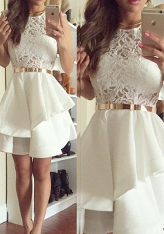 Stylish Jewel Sleeveless Short Ivory Homecoming dress with Lace Top Sash