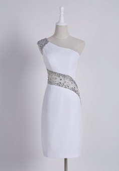 Stylish One Shoulder Short Sheath White Homecoming Dress with Beading Illusion Back