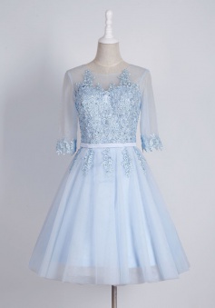 Generous Bateau Half Sleeves Short Homecoming Dress with Appliques Sash