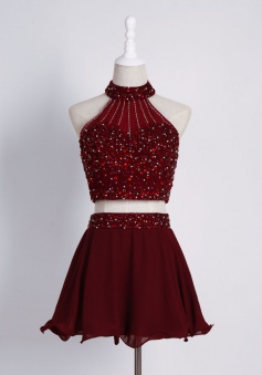 Crispy Two Piece High Neck Burgundy Mini Homecoming Dress with Beading