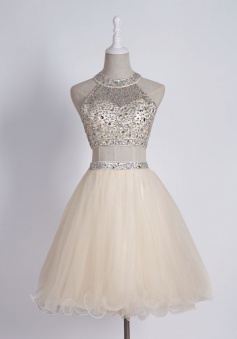 Sexy Two Piece Sleeveless Short Light Champagne Homecoming Dress with Beading