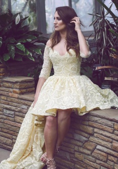 Stunning Off Shoulder Half Sleeves Hi-Low Light Yellow Lace Homecoming Dress