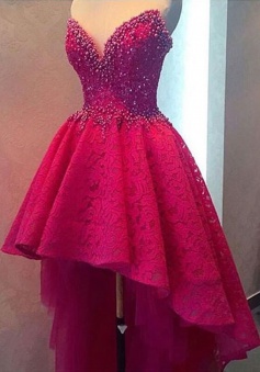 Dignified Sweetheart Hi-Low Rose Pink Lace Homecoming Dress with Pearl